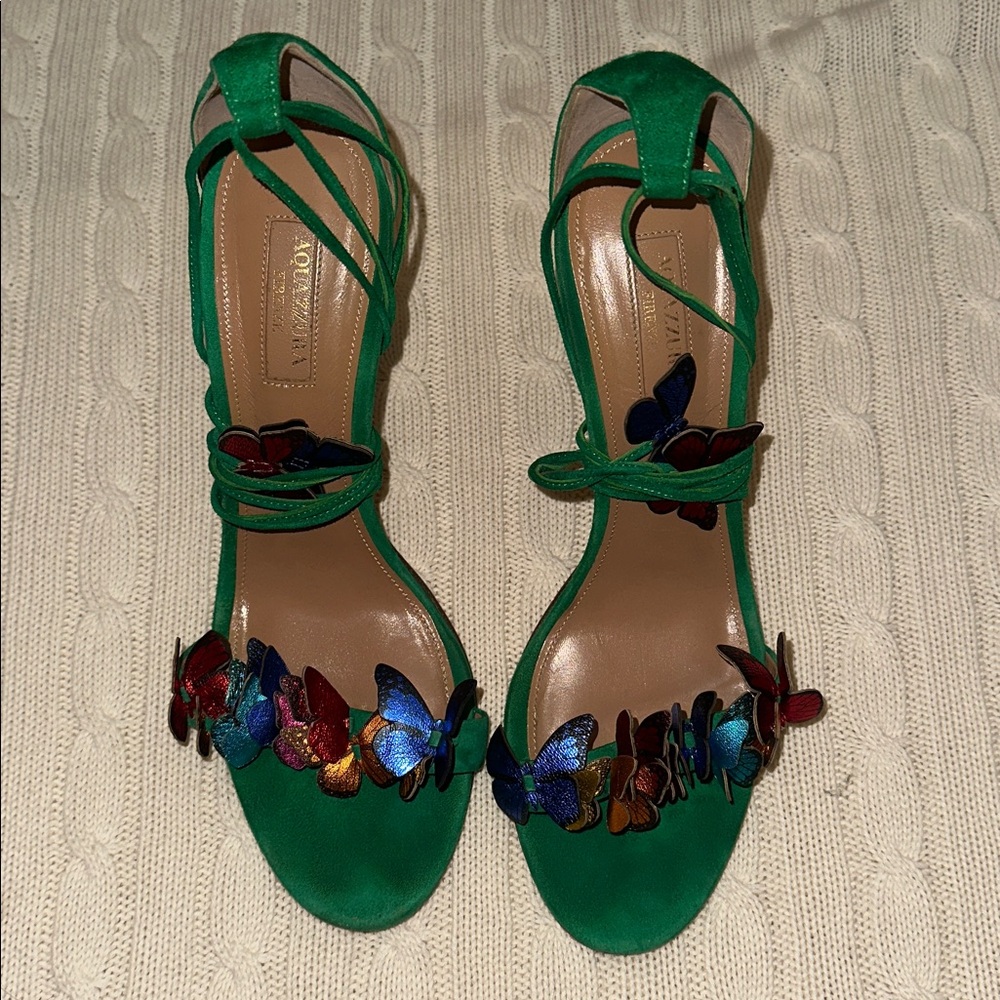 Aquazzura Green Sandals with Multicolor Butterfly Accents